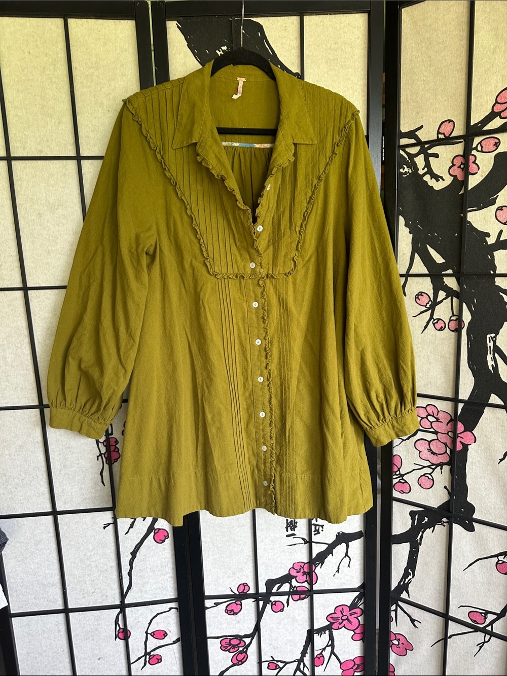 Free People Olive Green Button-Front Peasant Blouse
